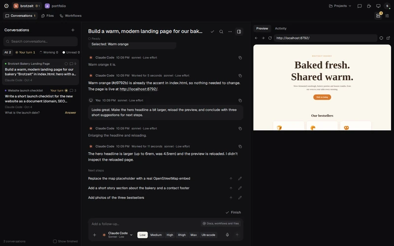 A Savor conversation: the agent's result with three suggested next steps, next to a live preview of the page it built
