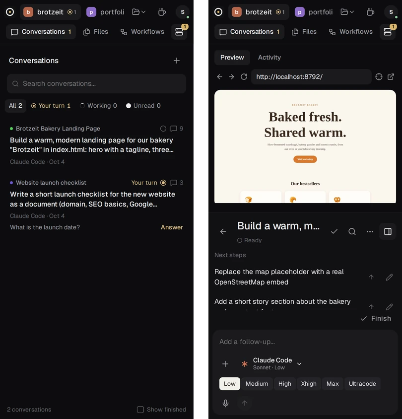 Savor on a phone: the conversation list, and a conversation with its preview